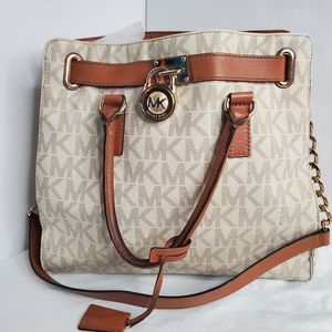 Michael Kors Hamilton Lock Large Tote Hand Bag Logo Cream Brown